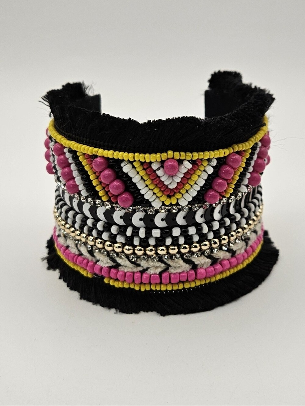 Bohemian Beaded Cuff Bracelet Wide Fringe Edge Geometric Tribal Pattern